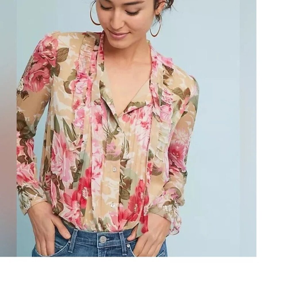 Anthropologie Ranna Gill Eden Tie Sequin Beaded Floral Button Down Blouse S NWT